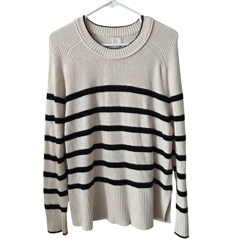 A New Day Womens XL Striped Beige Black Ribbed Knit Sweater Side Slit Cozy